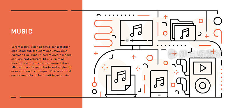 音乐网页横幅模板与细线插图