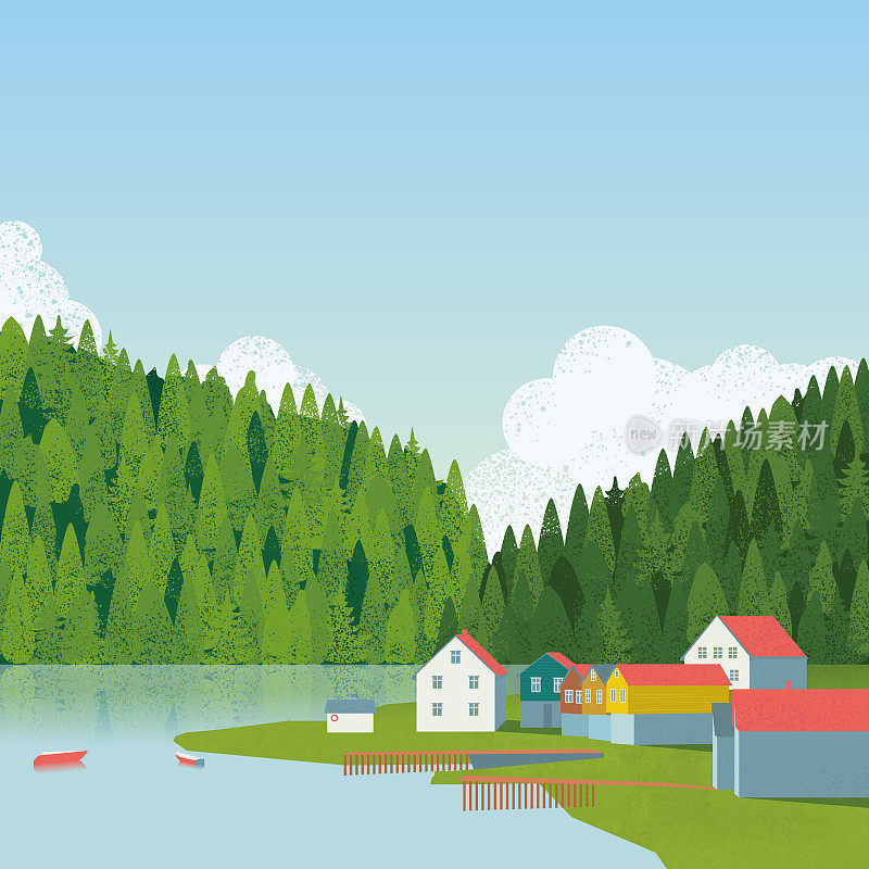 挪威峡湾湖屋的数字景观。被群山环绕的宁静海湾。