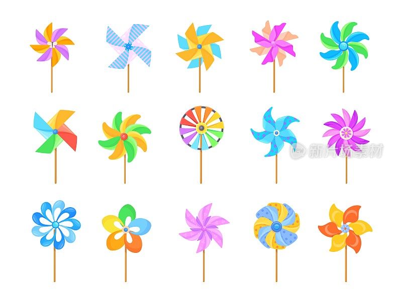 风车玩具。纸风车玩具，卡通风向标夏季微风天气，彩色儿童折纸磨坊销轮花为婴儿风扇风标，整齐的矢量插图
