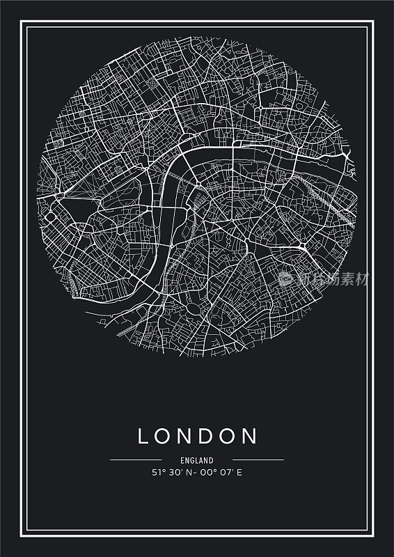 黑白可打印的伦敦城市地图，海报设计，矢量插图。