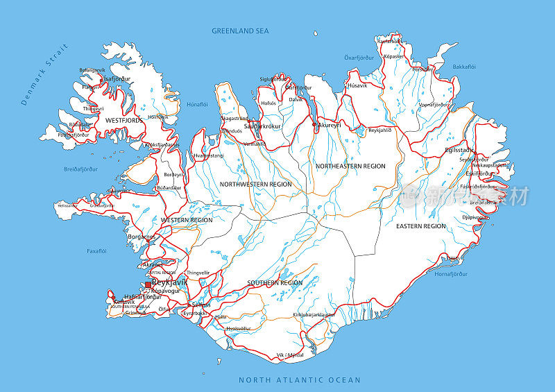 高度详细的冰岛路线图与标签。