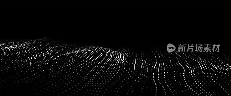 未来数字浪潮。黑暗的网络空间。带点的矢量波。背景上的白色移动粒子。