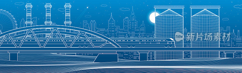 火车在桥上行驶。三条工业管道。粮仓。城市工业和交通插图。城市场景。蓝色背景上的白线。矢量设计艺术