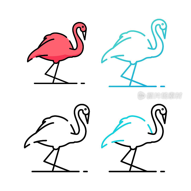 火烈鸟图标设计在四个变化的颜色