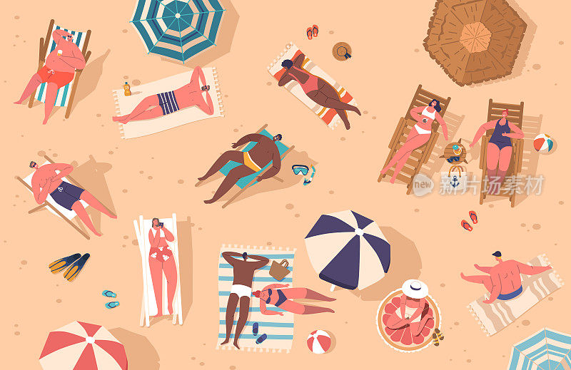 从俯视图看海滩上的人群。采购产品日光浴人物，雨伞，彩色毛巾，和垫子，脚蹼