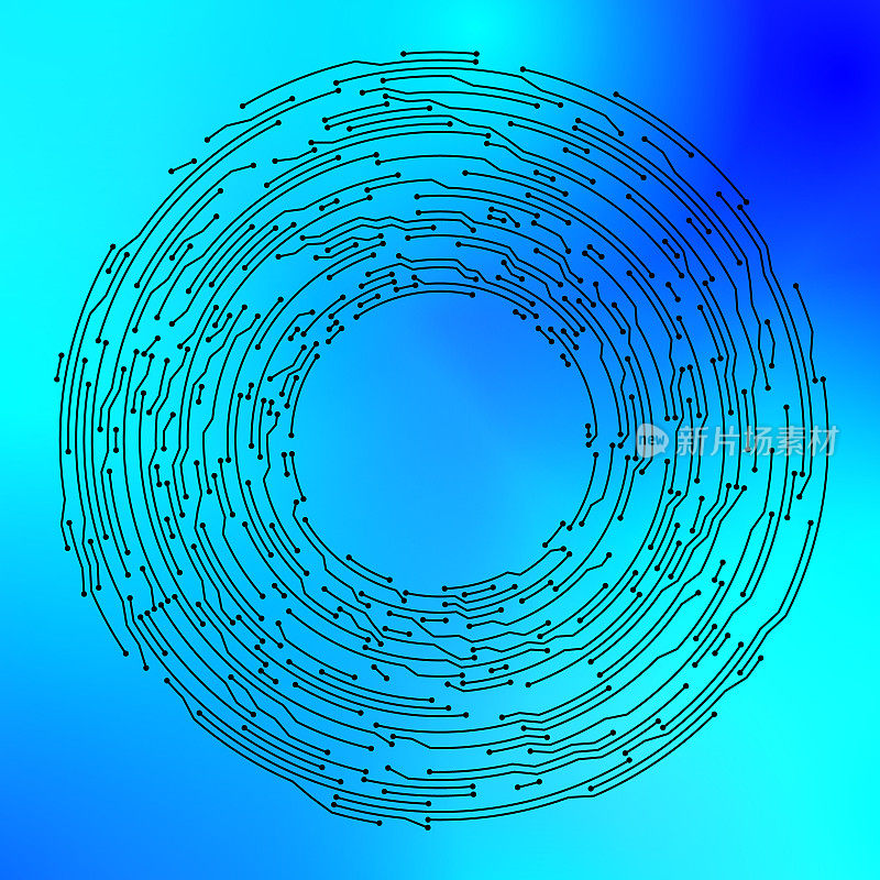 电路板风格的抽象圆形电子背景图案。