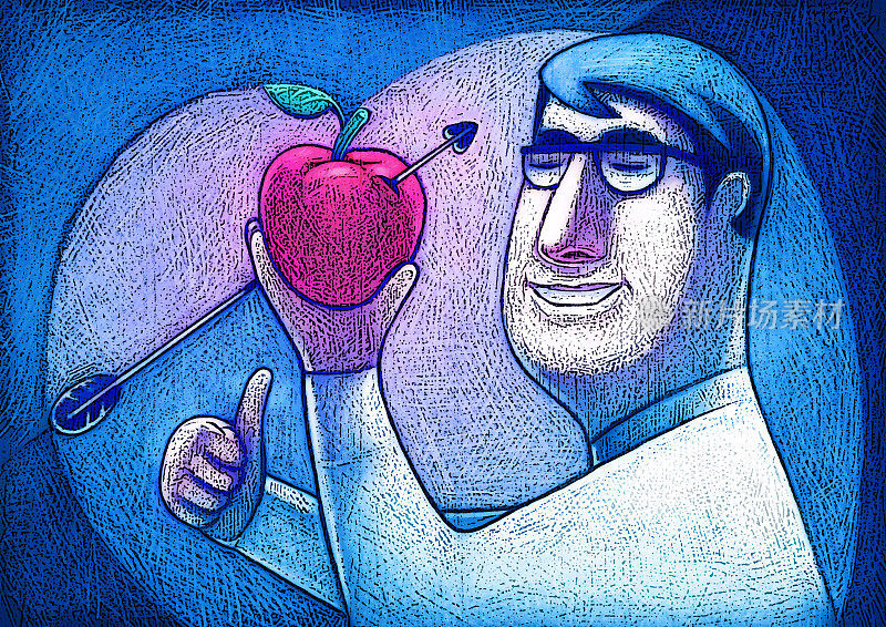 一个兴高采烈的男人拿着一个带箭的苹果，竖起大拇指
