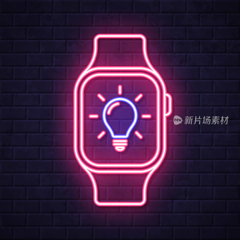 带灯泡的智能手表。在砖墙背景上发光的霓虹灯图标