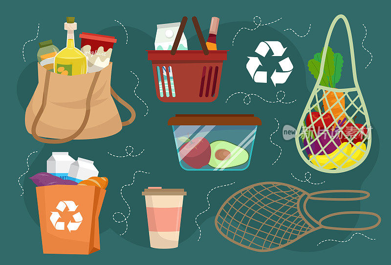 零废物购物袋插图集从回收材料环保。