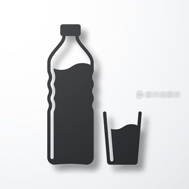 一瓶和一杯水。白色背景上的阴影图标