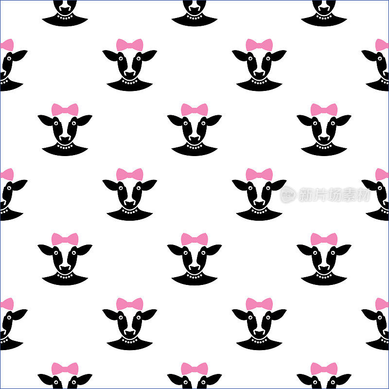 可爱的奶牛与粉红色的蝴蝶结无缝图案