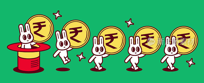 一群可爱的兔子，每个都带着一枚大硬币，不断地从一顶魔法帽子里跳出来，沿着一条直线走