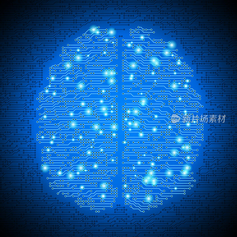 蓝色背景上带有发光节点的数字脑回路图案。