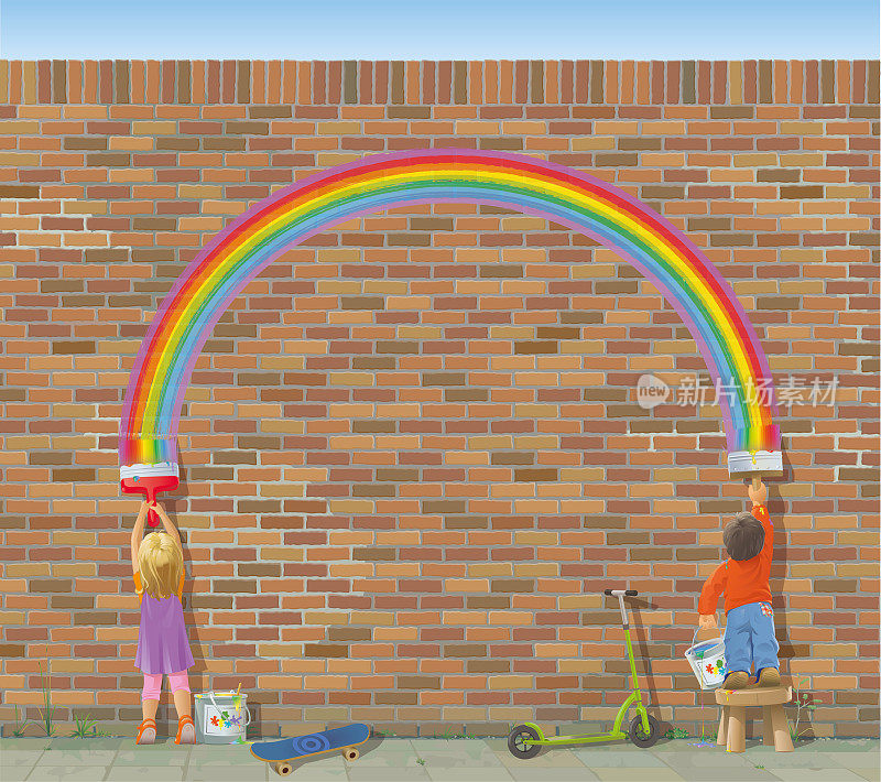 小男孩和小女孩在砖墙上画彩虹