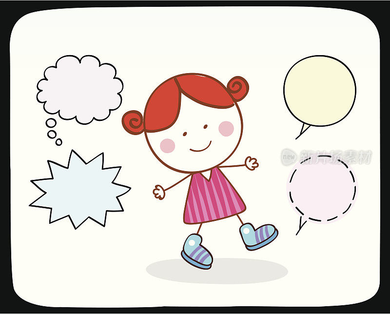 快乐的小女孩说话与讲话气泡卡通插图