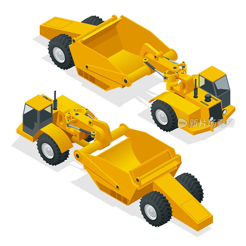 等距轮tractor-scraper。轮式拖拉机铲运机，用于搬运土方的重型设备。刮板和输送带将物料从切削刃送入料斗。