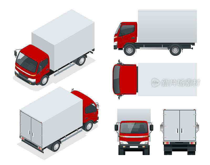 运货卡车运输。快速交付或物流运输。简单的颜色变化。模板矢量隔离在白色视图前，后，侧面，顶部和等距