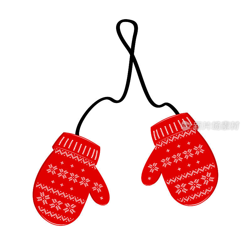 一对红色的针织圣诞手套在白色的背景。矢量插图。