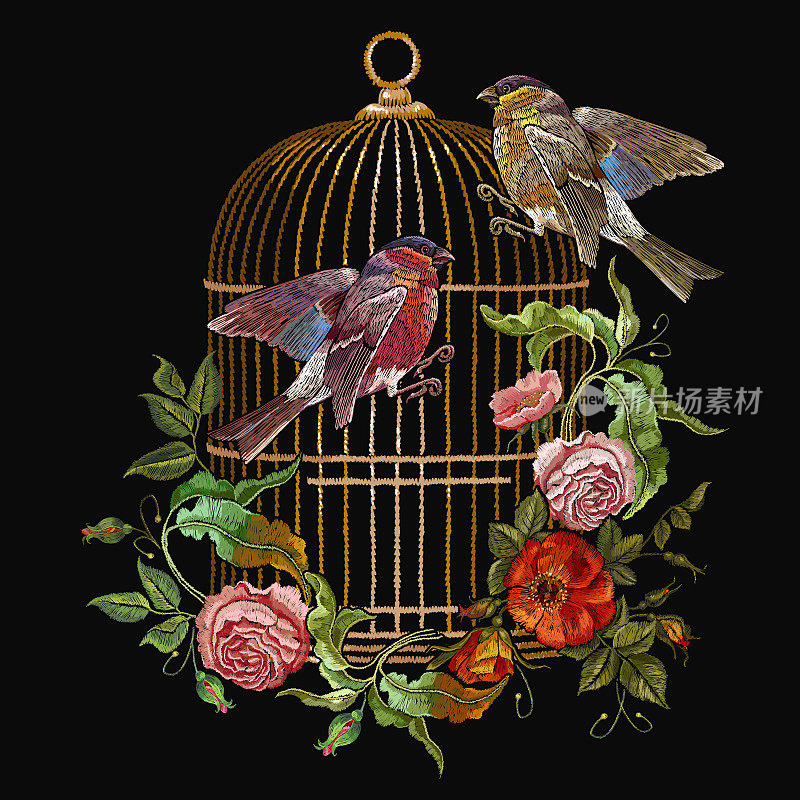 刺绣鸟和鸟笼和花的载体。经典的刺绣红腹灰雀和山雀，金鸟笼，古董花蕾的野生玫瑰。春季时装艺术，服装、t恤设计模板