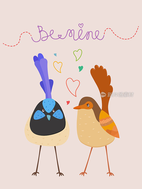 可爱的矢量插图的爱鸟与心和是我的文字在柔和的背景(雄和女极仙女蓝鹪鹩)