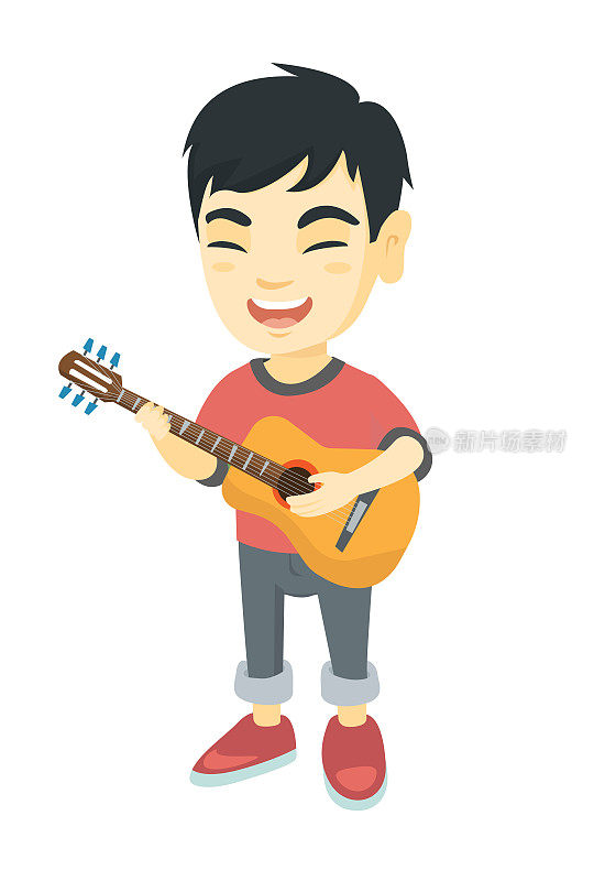 亚洲男孩唱歌和弹原声吉他
