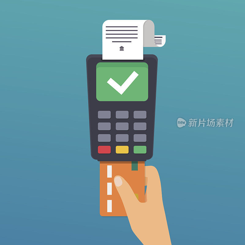 付款。手握信用卡。用信用卡进行无线支付的插图。平面设计现代矢量插图概念。