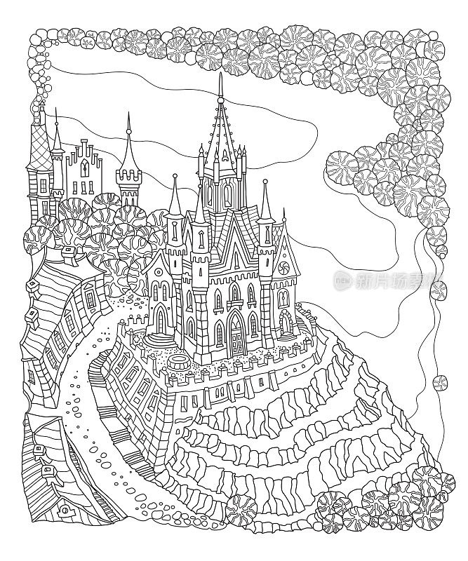 矢量黑白轮廓勾勒出梦幻景观，仙女小镇的建筑、河流、街道、城堡和宫殿都在白色的背景上。T恤打印。成人和儿童涂色书页。蜡染的轮廓