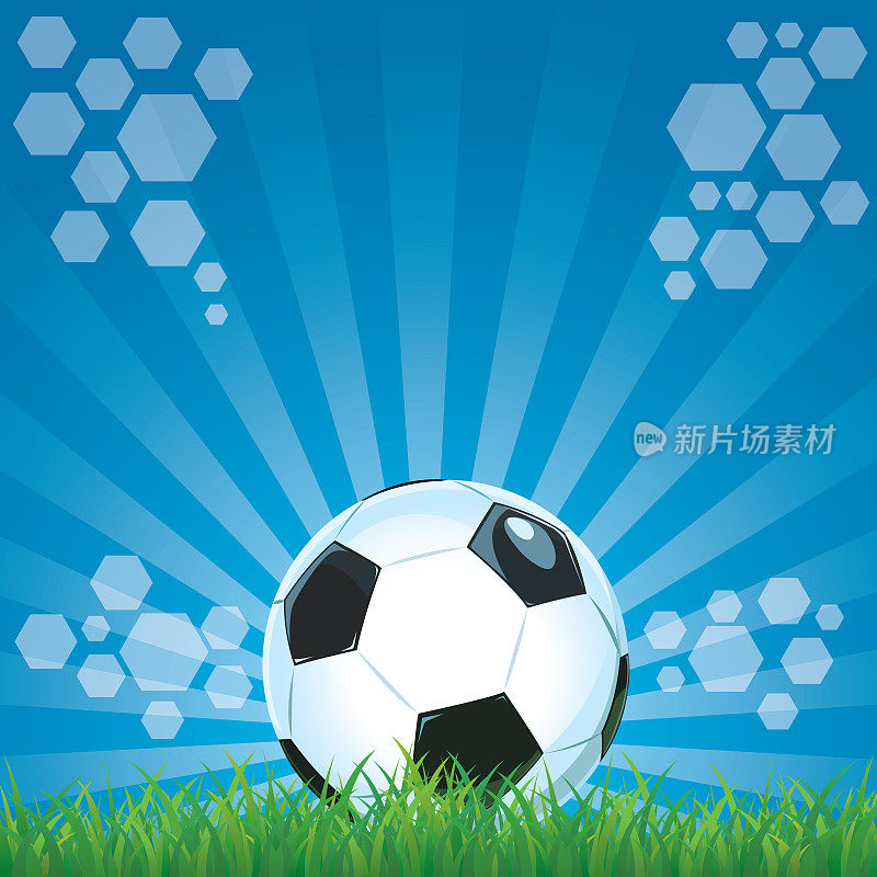 足球在草地上球场的蓝色背景。
