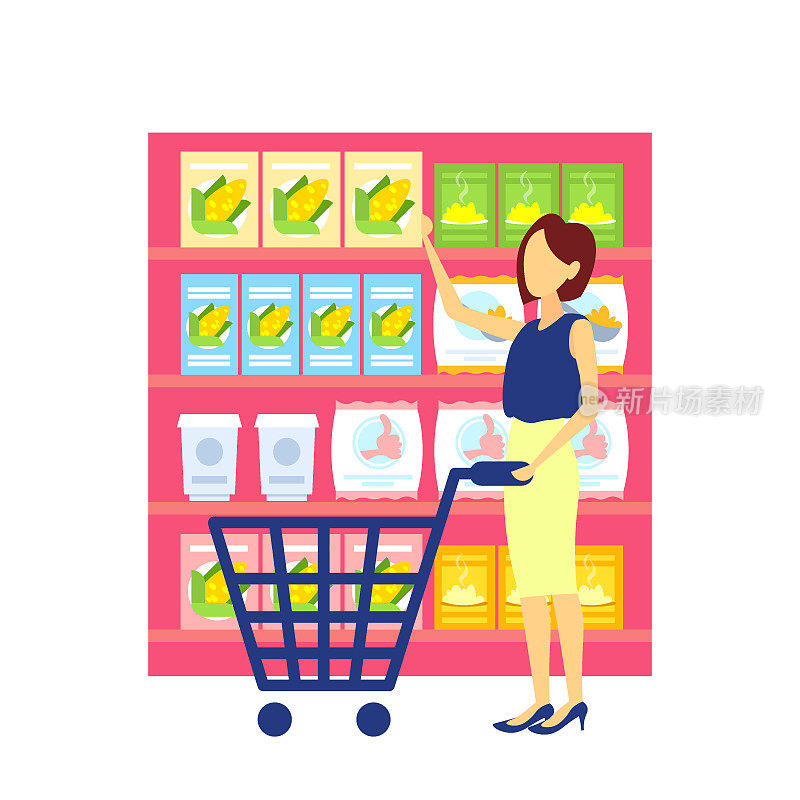 女性顾客推着手推车选择食品大杂货店超市内部女孩买家超市购物概念全长平坦
