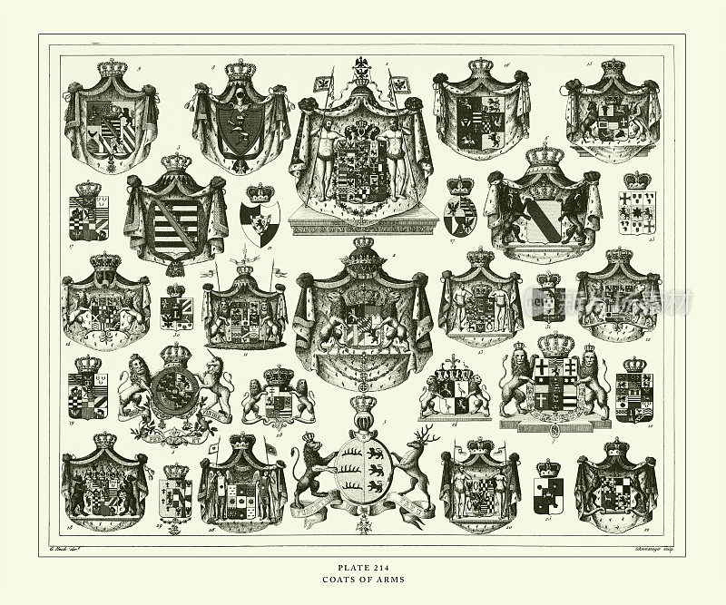 雕刻古董，纹章雕刻古董插图，1851年出版