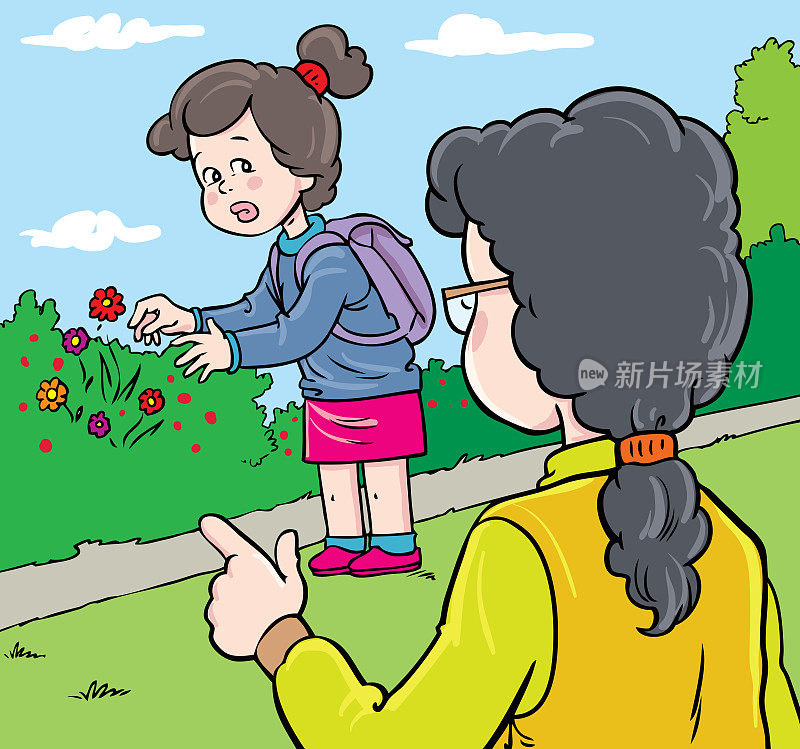 小女孩摘花