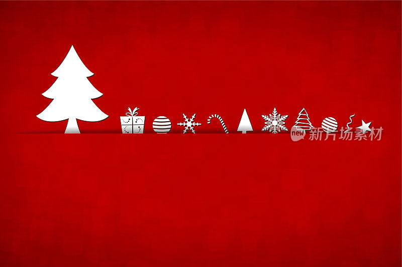 一个创造性的亮红色圣诞背景的水平矢量插图，在中间和白色的圣诞树和装饰品排列