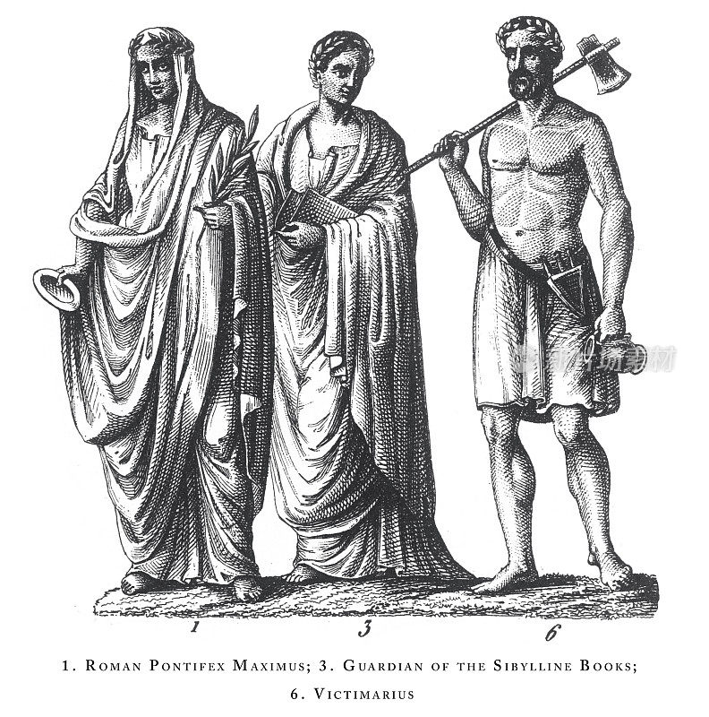 罗马祭司马克西姆斯，西弗林书的守护者，受害者，传说和神话场景和希腊和罗马的人物雕刻古董插图，出版于1851年