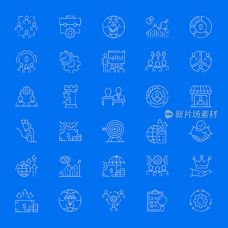 业务管理相关的矢量线细图标的简单设置。大纲符号集合。