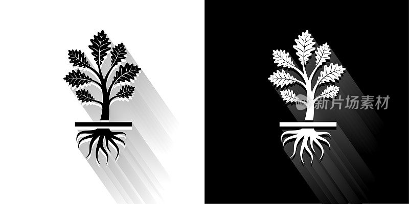 生长植物黑色和白色图标与长影子
