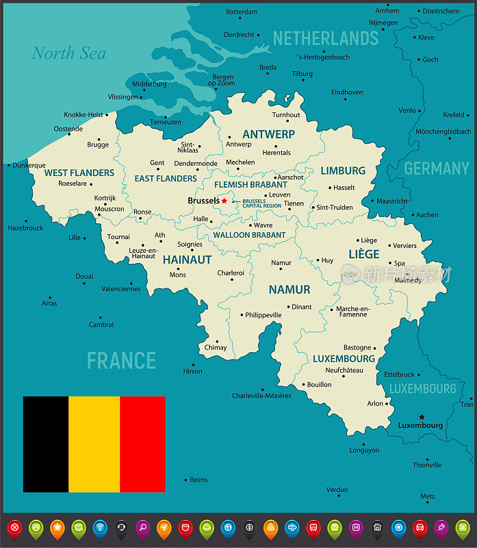 比利时的地图。政治地图与地区，地理边界的法国，卢森堡，德国和荷兰