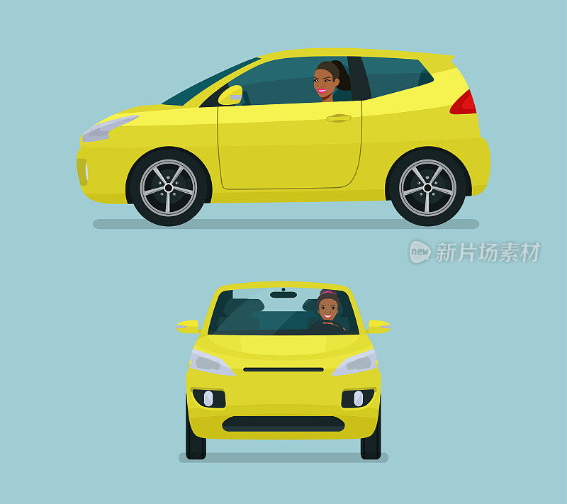 微型车两个角度设置。司机是非裔美国妇女的车，侧面和正面。矢量平面风格的插图。
