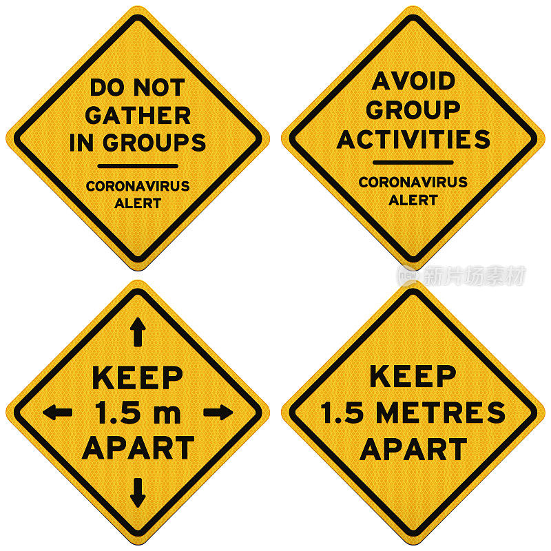 四个黄色的社交距离警告标志孤立在白色上