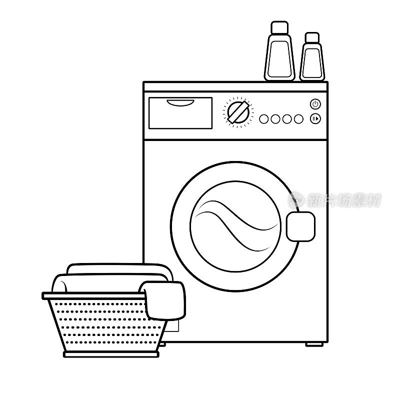 将洗衣机的正面图绘制成白色背景，以便为在家上学的妈妈和为寻找教学材料(如抽认卡或儿童读物)的老师组装或创建教学材料。