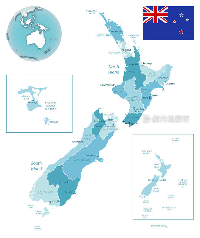 新西兰行政蓝绿色地图与国家国旗和位置在全球。