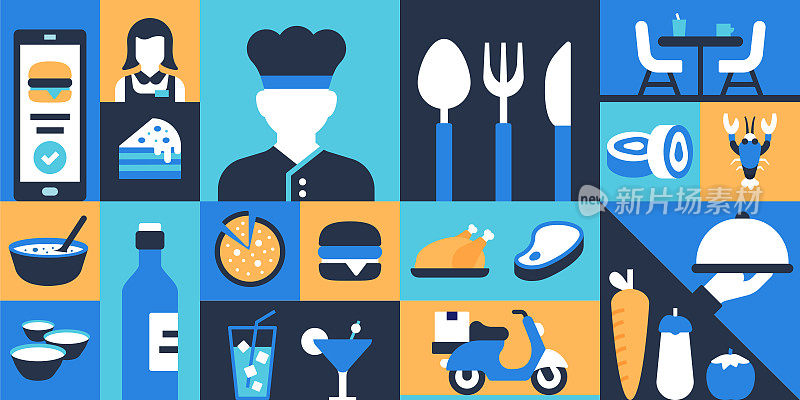 餐厅，食物和饮料相关的平面风格矢量插图
