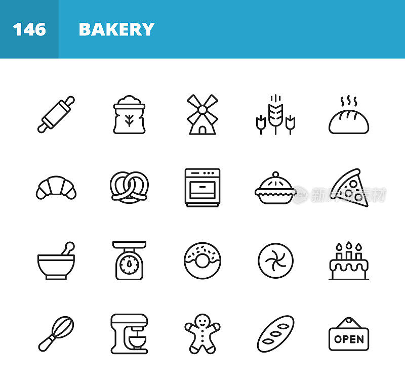 面包店行图标。可编辑的中风。像素完美。移动和网络。包含面包房，食物，餐厅，披萨，蛋糕，面包，汉堡，三明治，煎饼，甜甜圈，苹果派，饼干，甜点。