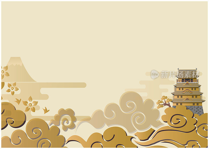 日式城堡和云彩的背景插图