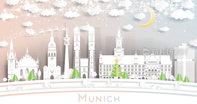 德国慕尼黑城市天际线剪纸风格的雪花，月亮和霓虹灯花环。
