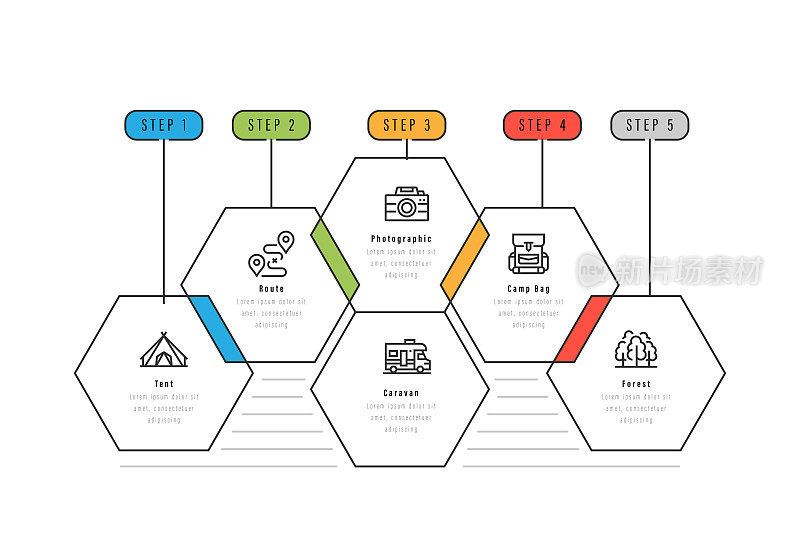 信息图表设计模板。帐篷，路线，摄影，露营袋，森林，大篷车图标6个选项或步骤。