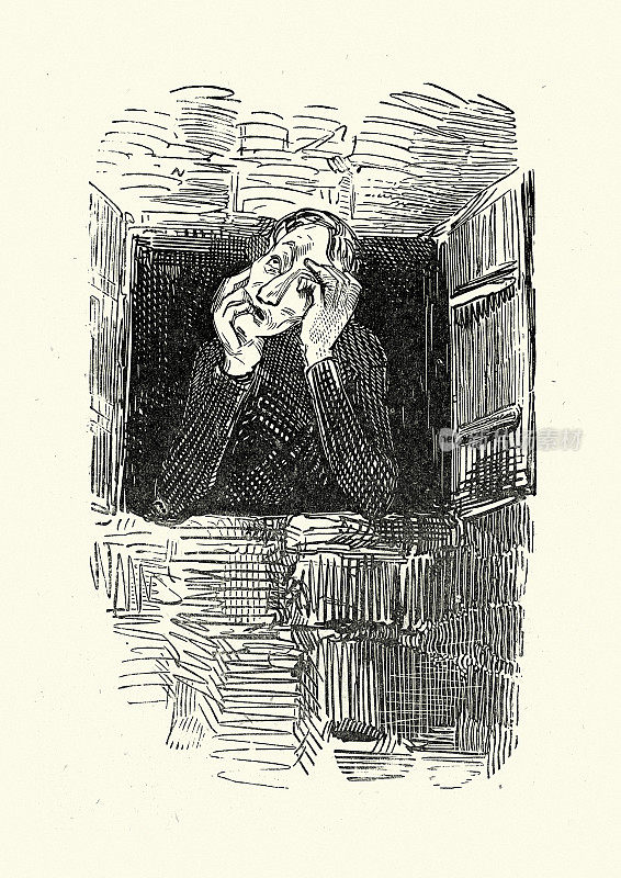 愁眉苦脸的男人透过一扇开着的窗户往外看，古斯塔夫・多雷的漫画