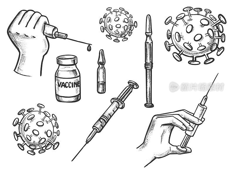 疫苗、病毒、安瓿、烧瓶和注射器。接种疫苗的概念