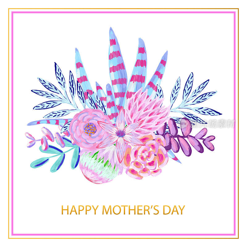 母亲节快乐，多色鲜花设计的贺卡，广告，横幅，传单和传单。花的框架。精美的花束与紫色，粉红色，蓝色的花排列形成一个愉快的框架为贺卡和设计。