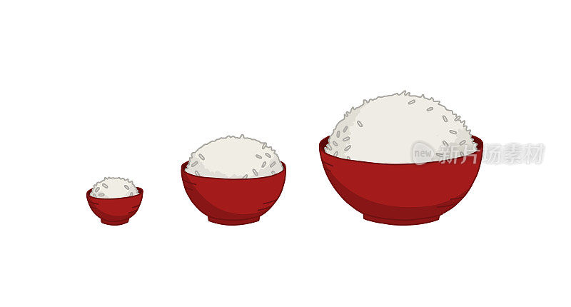 摆一盘米饭大小的。量的食物。小碗，中碗和大碗米饭。手绘。矢量插图。