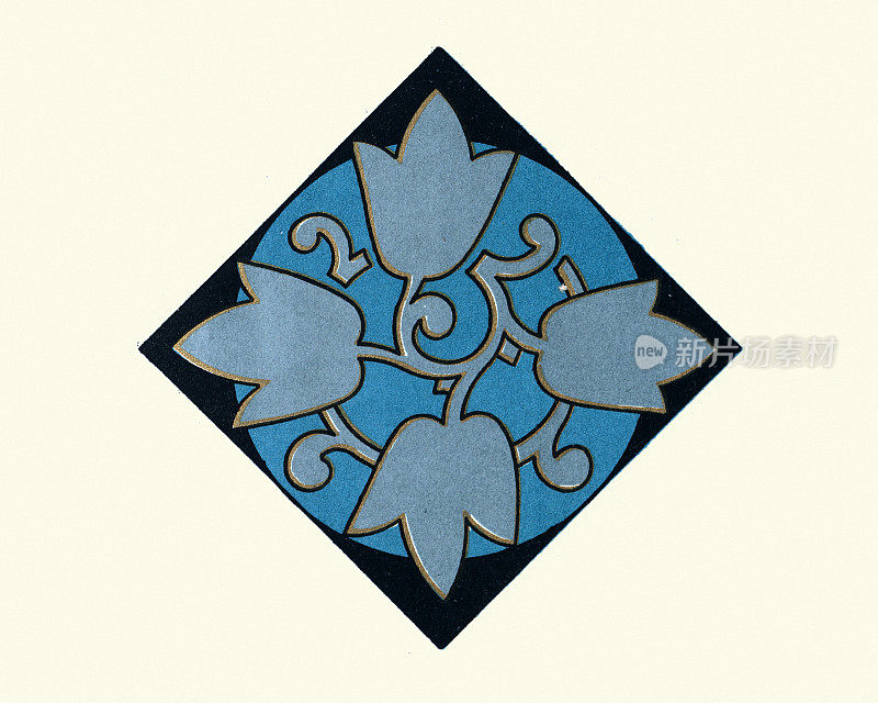 蓝色缠绕郁金香花，维多利亚花卉设计图案，设计元素，19世纪